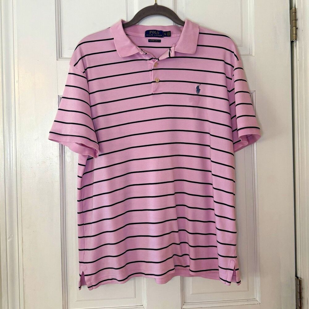 Polo Ralph Lauren Mens XL Custom Slim Fit Polo Shirt Pink Navy Stripe Cotton